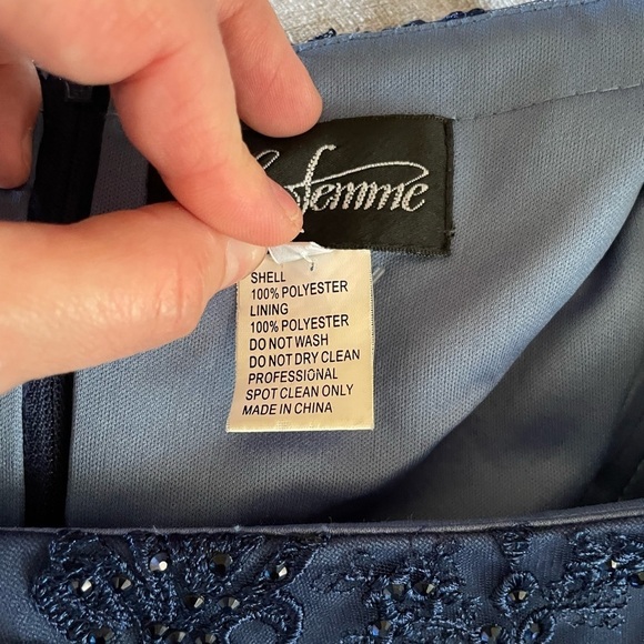 La Femme Beaded Lace Cocktail Navy Midi Dress - Picture 10 of 12